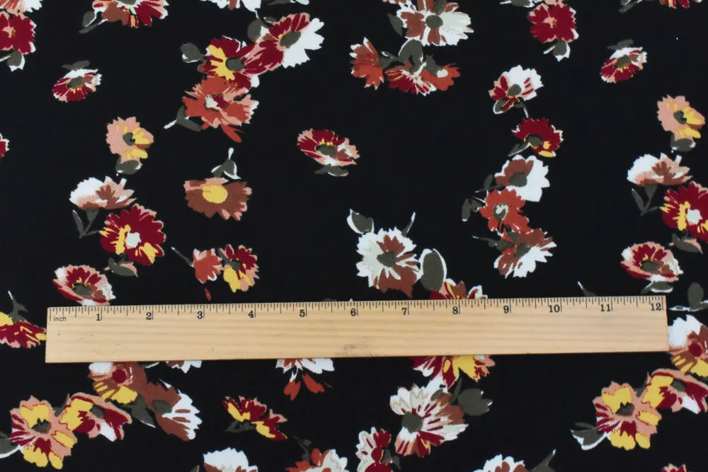 Black-Red-Multi Floral Printed Poly Momie Woven Fabric