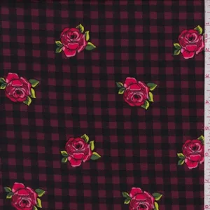 Black/Mulberry/Red Check Floral Double Brushed Jersey Knit Fabric