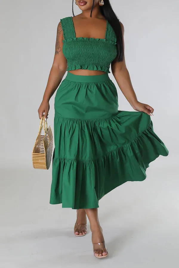 Fashionable Bust Wrap & Solid Color Skirt Set