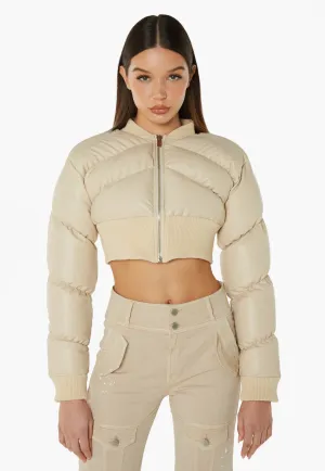 Faux Leather Cropped Bomber Jacket - Beige