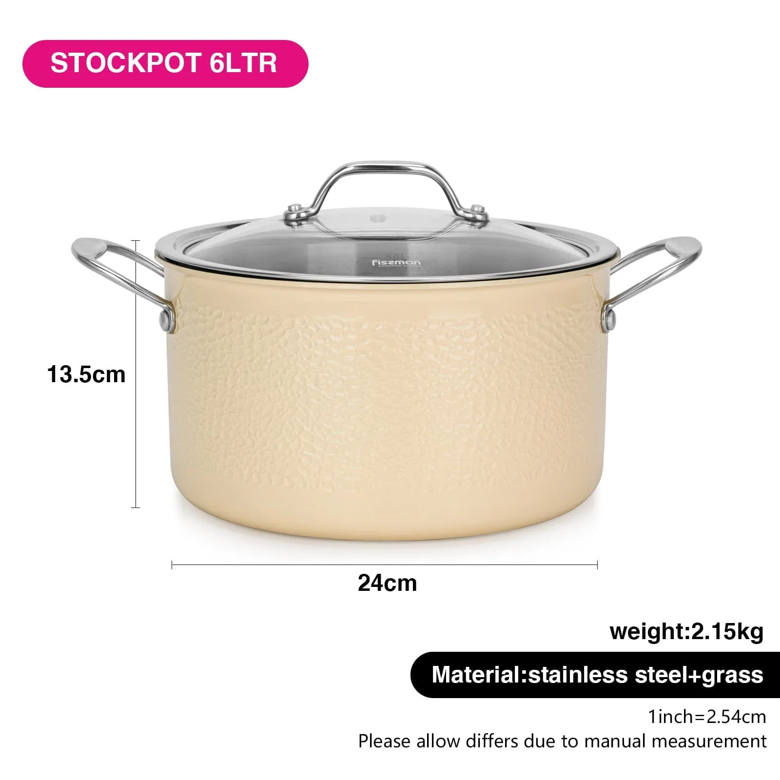 Fissman Brigitte Series Stainless Steel Sauce Pan With Glass Lid 6L Beige/Silver/Clear 24x13.5cm