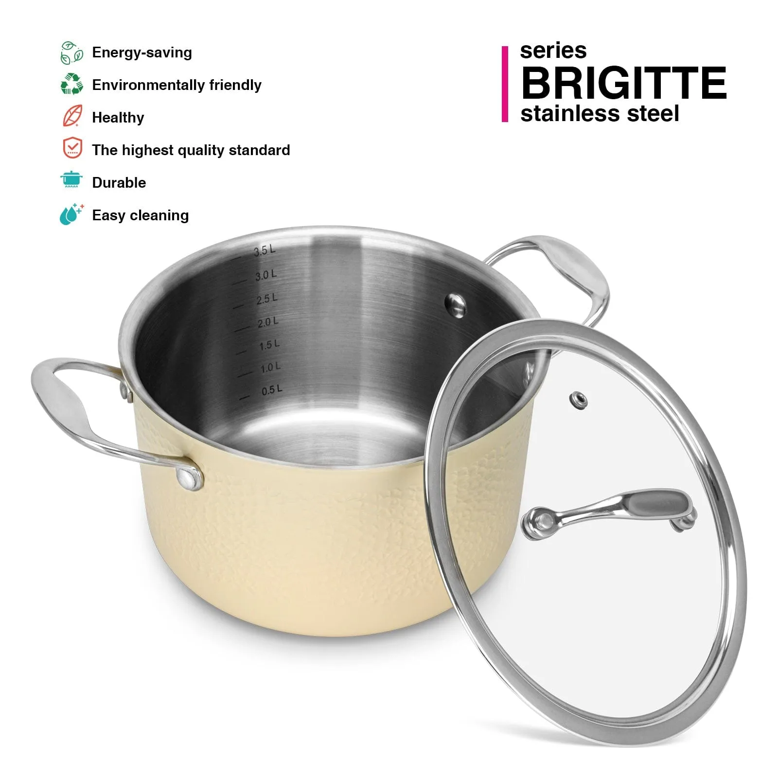 Fissman Brigitte Series Stainless Steel Sauce Pan With Glass Lid 6L Beige/Silver/Clear 24x13.5cm