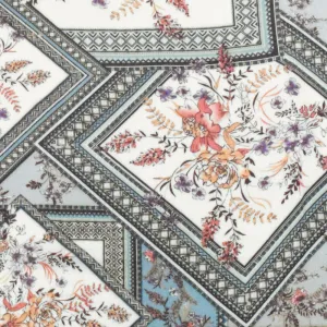 Ivory-Blue-Multi Floral Frame Printed Rayon Crepe Woven Fabric