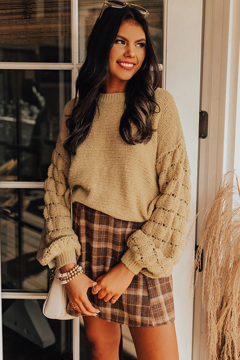 Jayla Hollowed Bubble Sleeve Knit Sweater