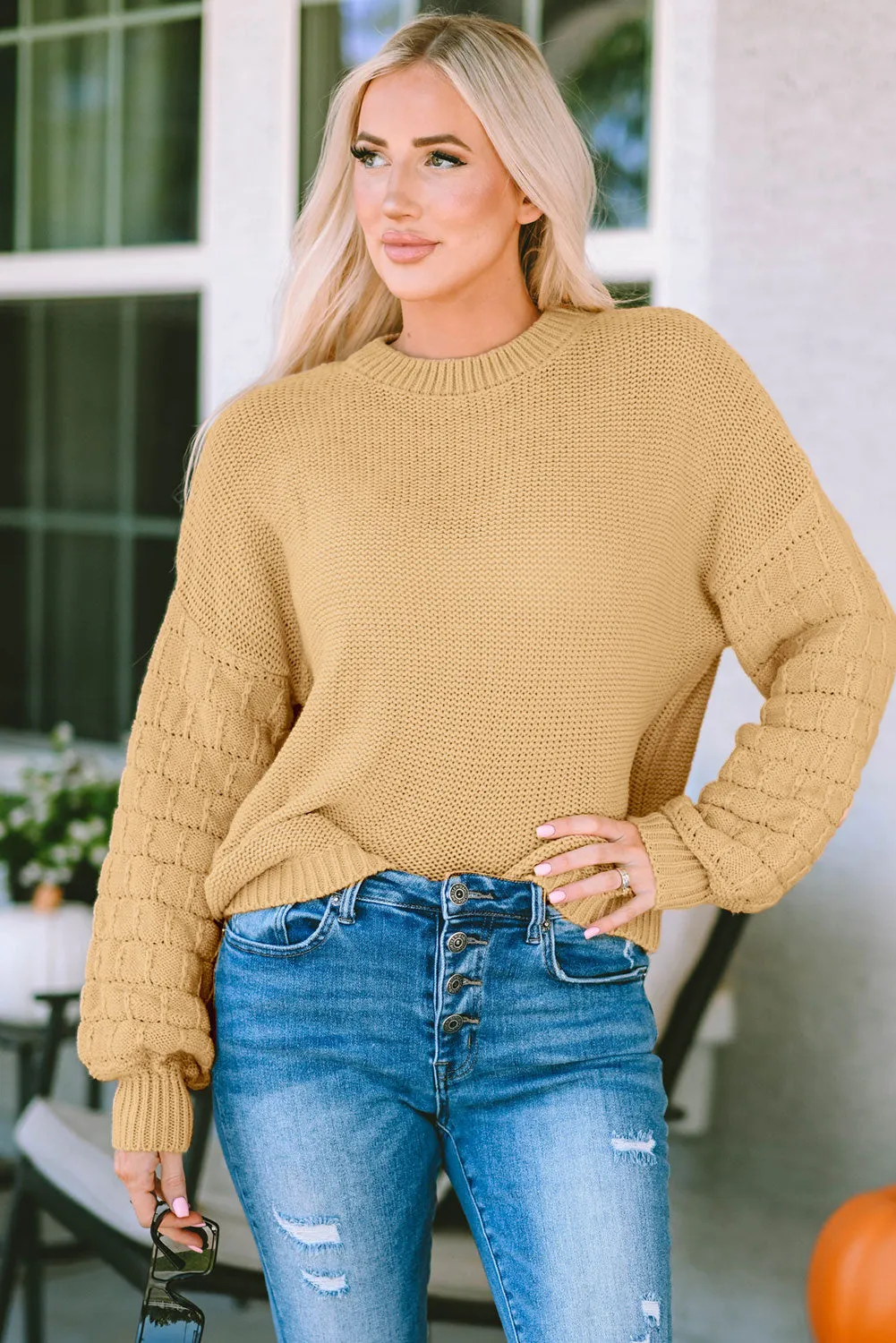 Jayla Hollowed Bubble Sleeve Knit Sweater