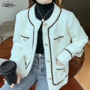 Joskaa Autumn Winter Lazy Style Korean Retro Black Loose O Neck Knitted Cardigan Fashion White Mink Cashmere Sweater Coat Women 17451