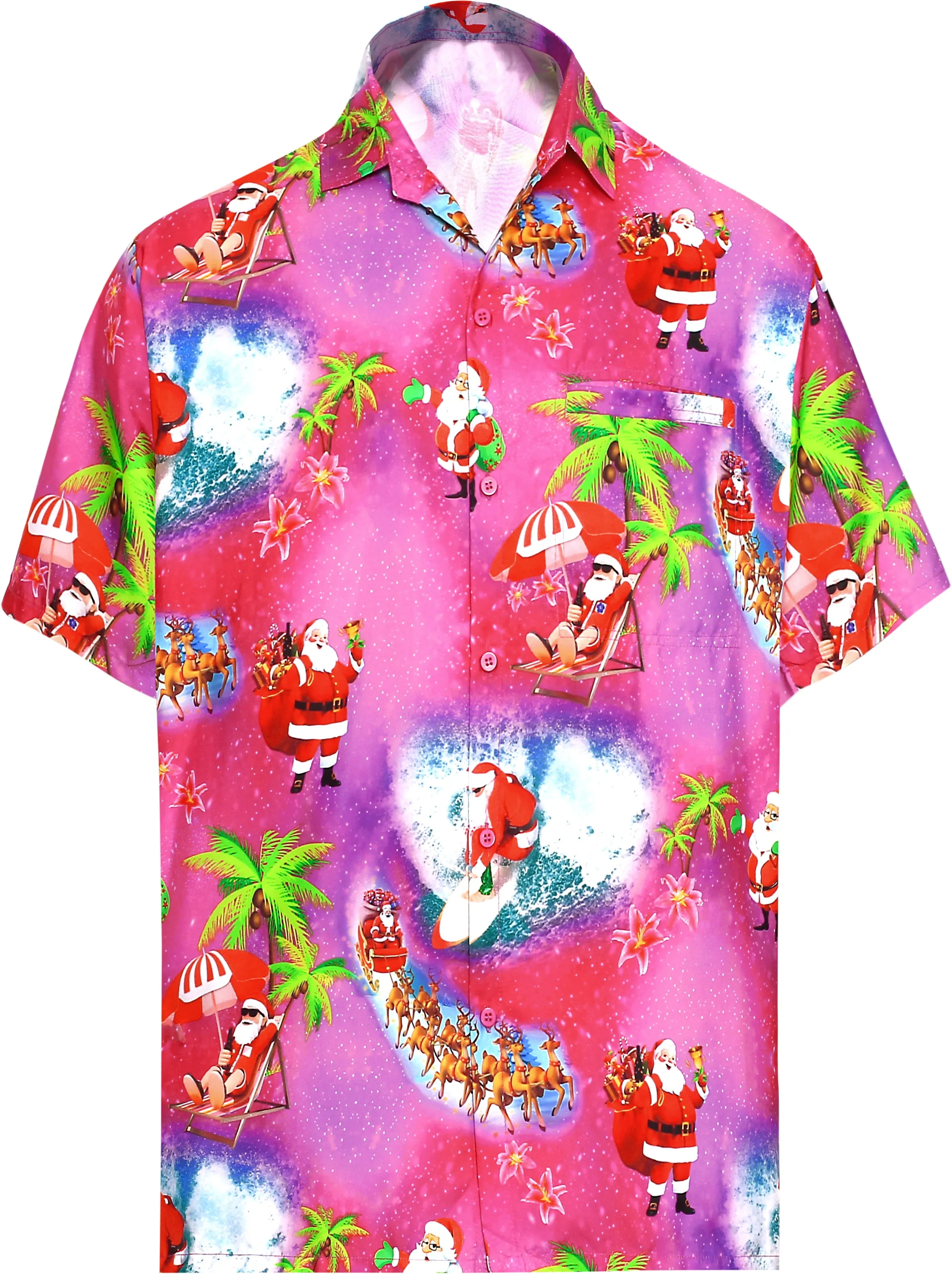 La Leela Men's 3D HD Santa Claus Christmas Beach Camp Short Sleeve Hawaiian Shirt - DRT231Pink