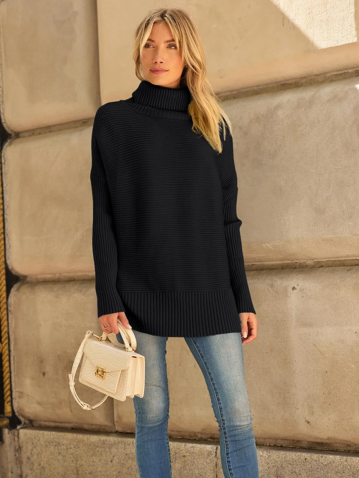 LILLUSORY Womens Turtleneck Oversized Tunic Fall Sweaters 2024 Trendy Casual Long Pullover Knit Winter Casual Cute Poncho Fashion Trendy Clothes Outfits Clothing Tops Black