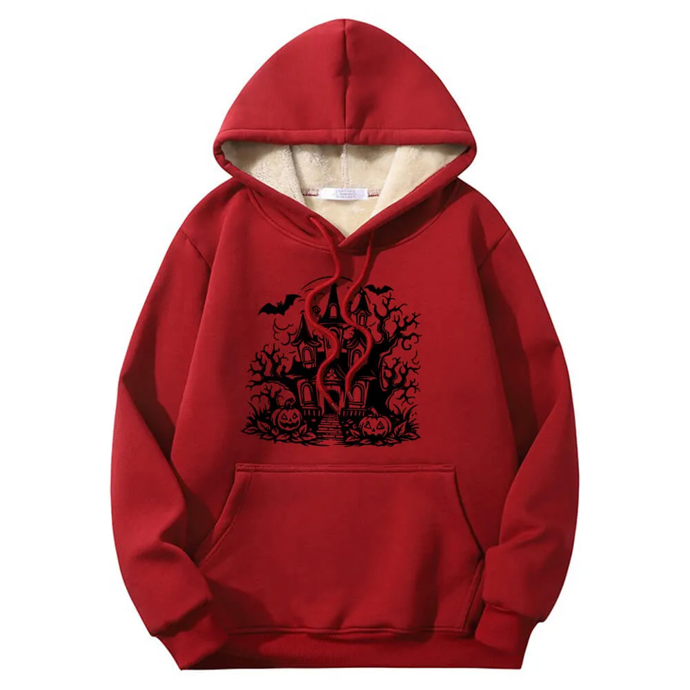 Multicolor Haunted House Warm Fleece Sherpa Lined Hoodie