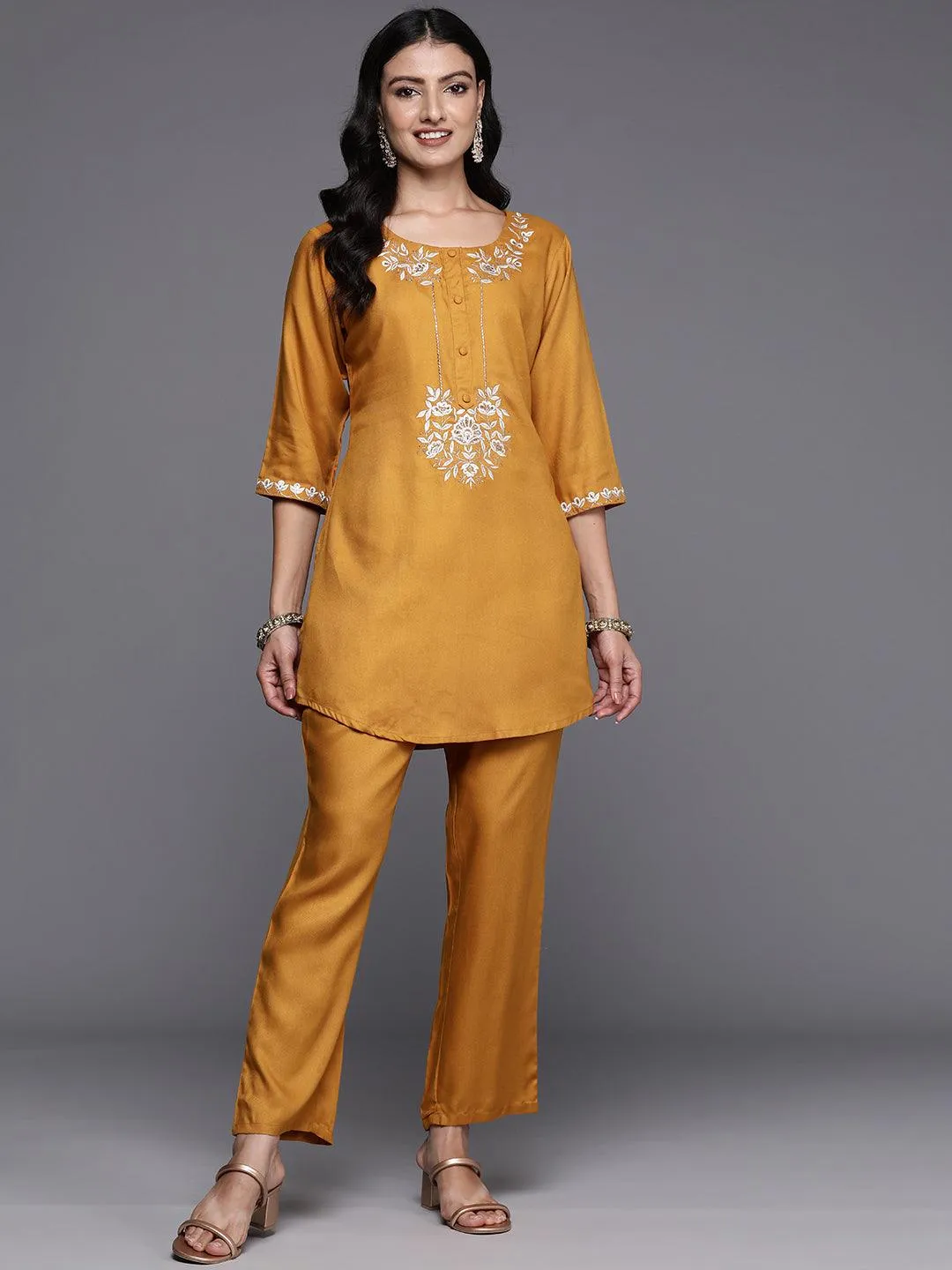 Mustard Embroidered Wool Blend Co-Ords