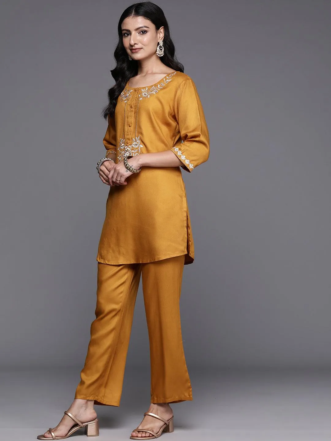 Mustard Embroidered Wool Blend Co-Ords