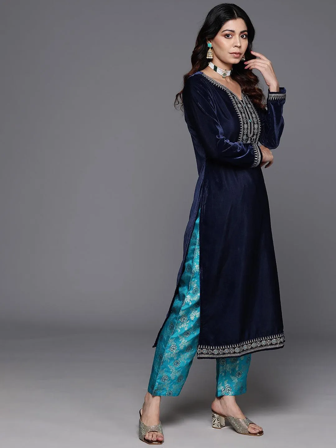 Navy Blue Yoke Design Velvet Straight Suit With Dupatta