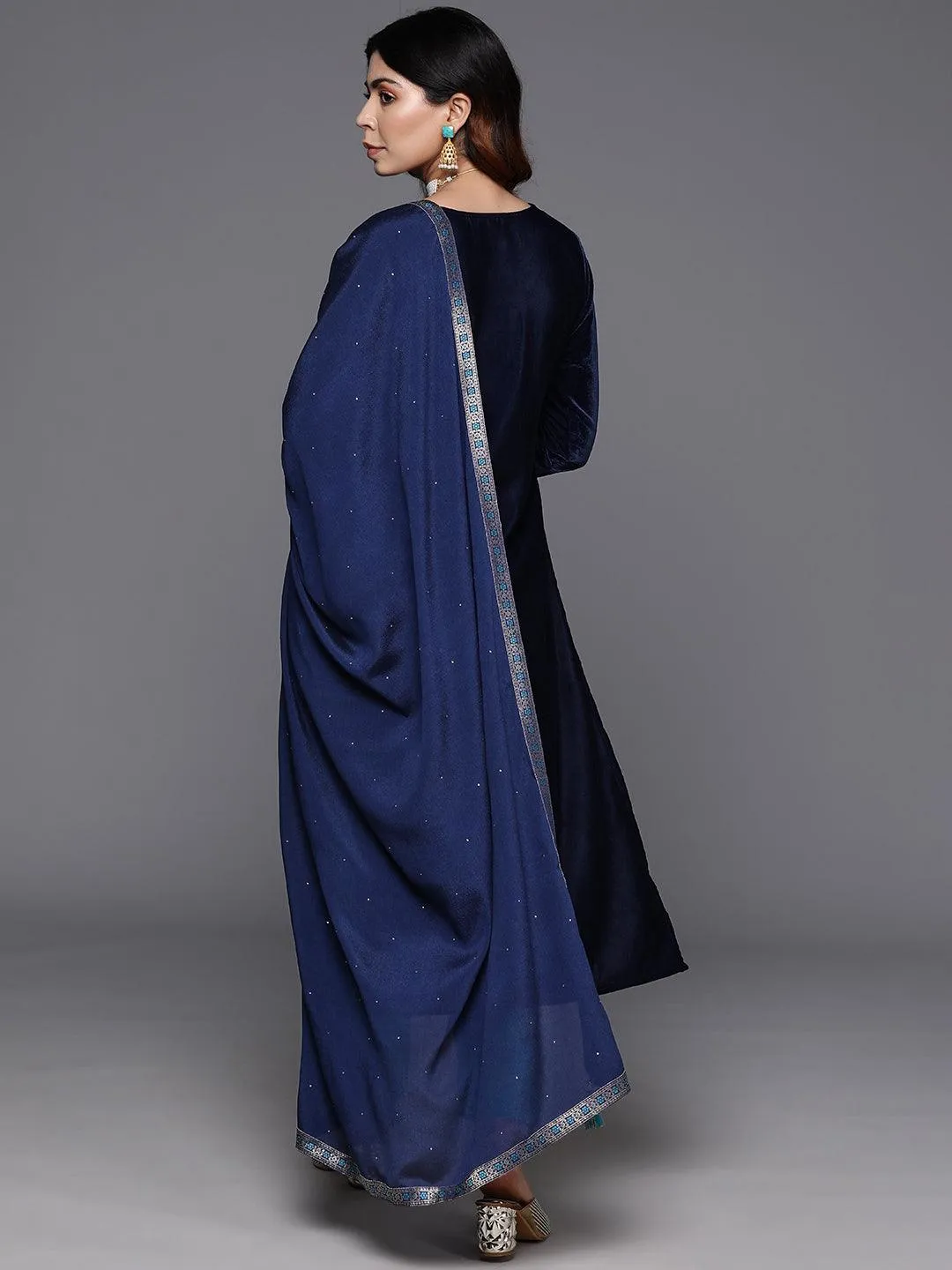 Navy Blue Yoke Design Velvet Straight Suit With Dupatta