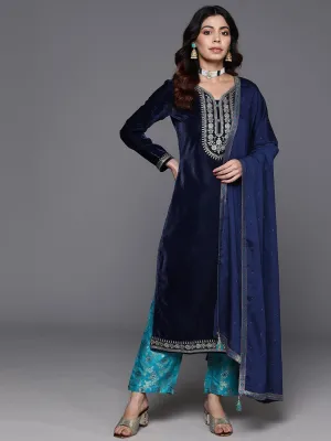 Navy Blue Yoke Design Velvet Straight Suit With Dupatta