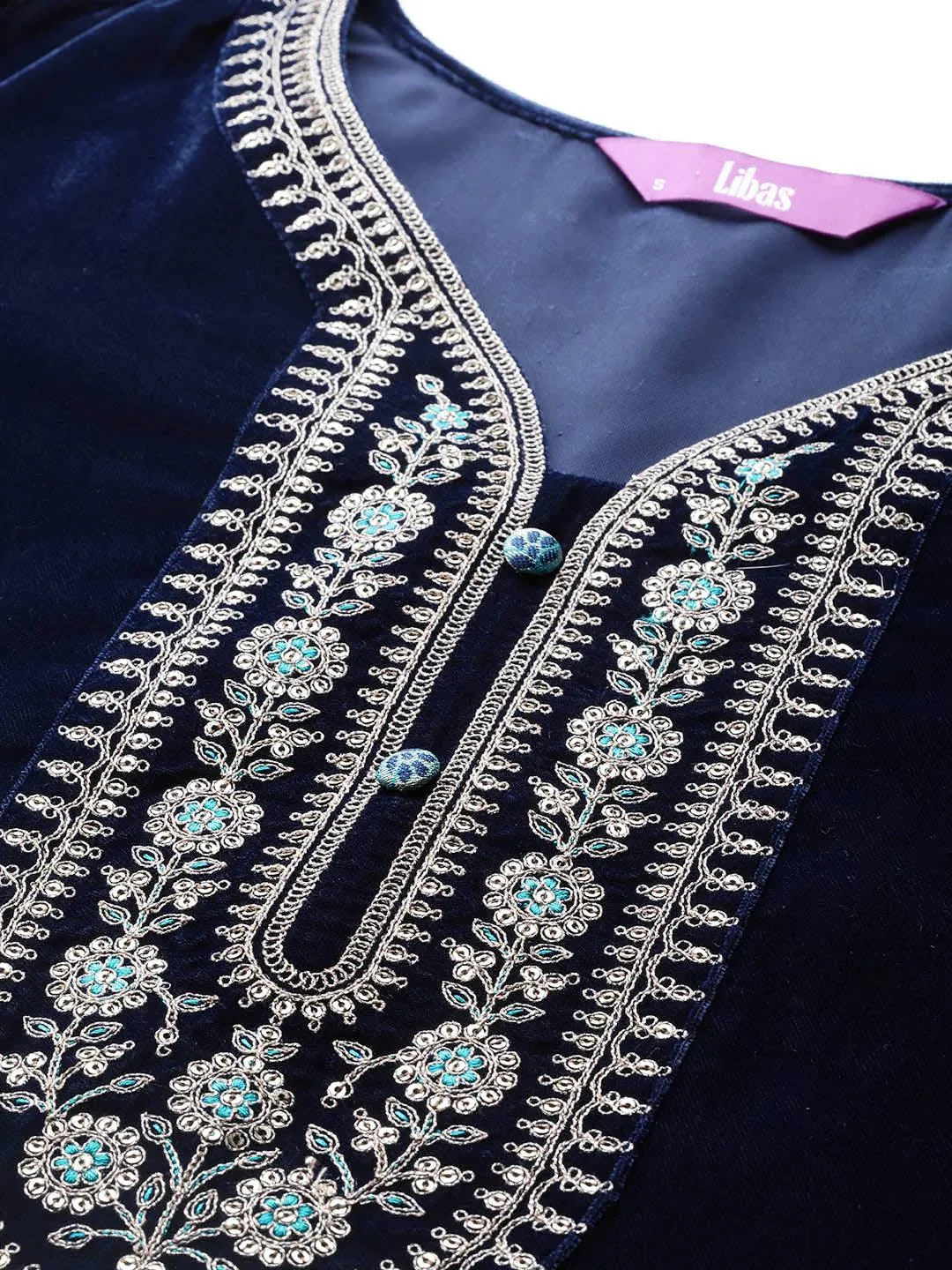 Navy Blue Yoke Design Velvet Straight Suit With Dupatta