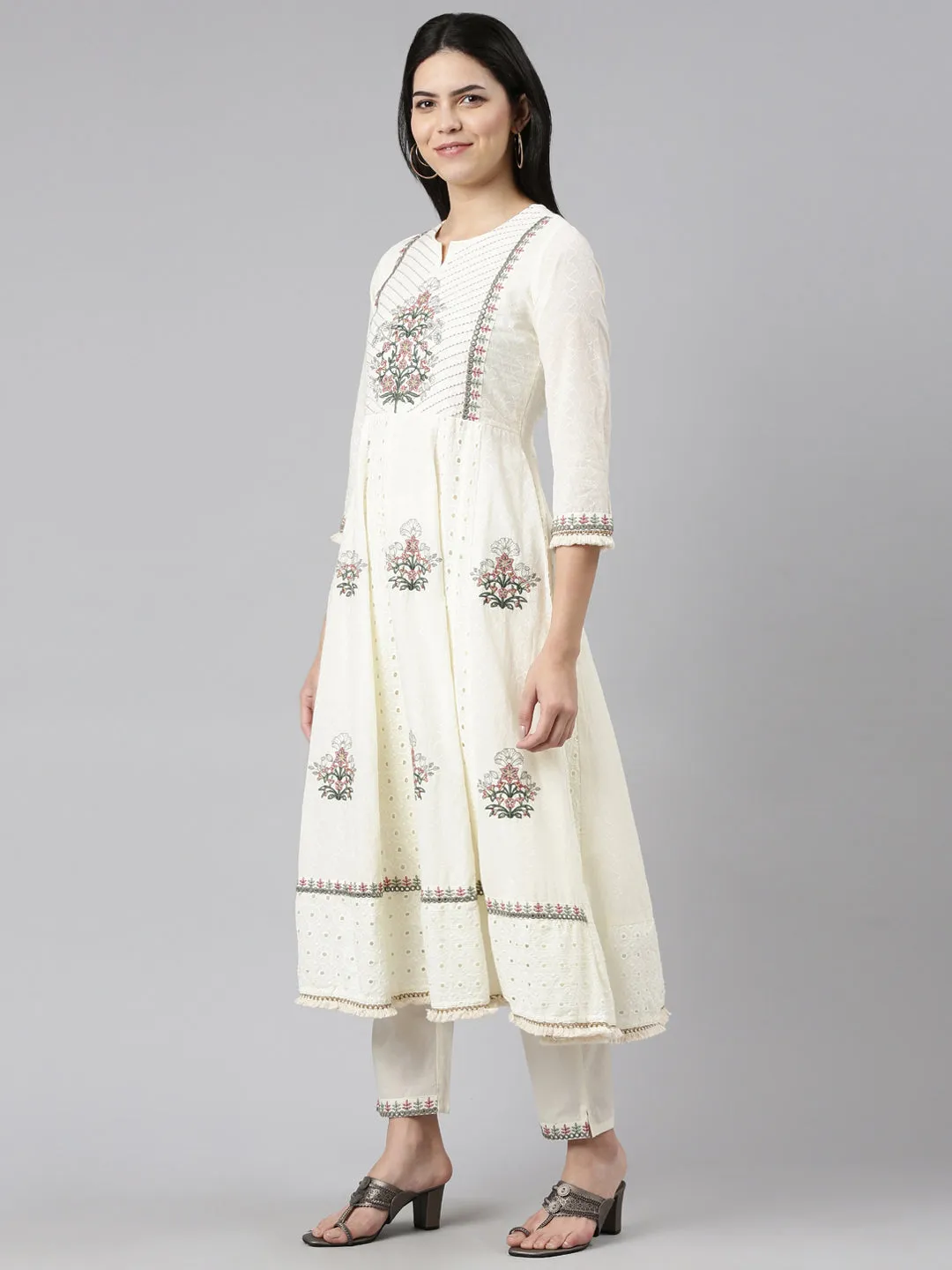 Neeru's Cream Regular Straight Embroidered Readymade suits