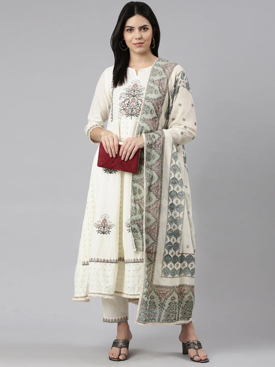 Neeru's Cream Regular Straight Embroidered Readymade suits