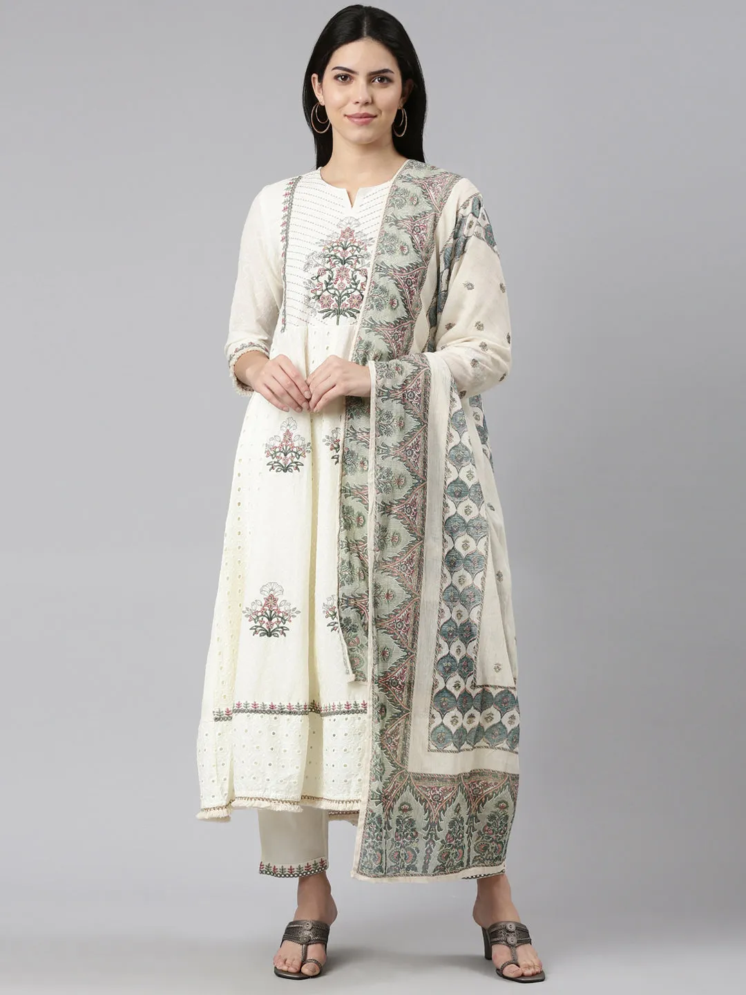 Neeru's Cream Regular Straight Embroidered Readymade suits