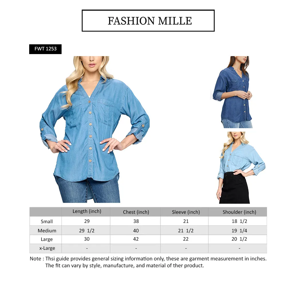 Soft Tencel Button Down Chambray Blouse Utility Shirts (FWT1253)