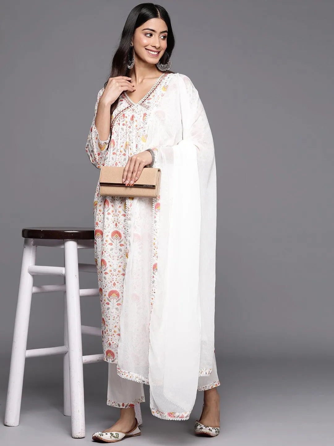 White Printed Cotton A-Line Kurta With Trousers & Dupatta