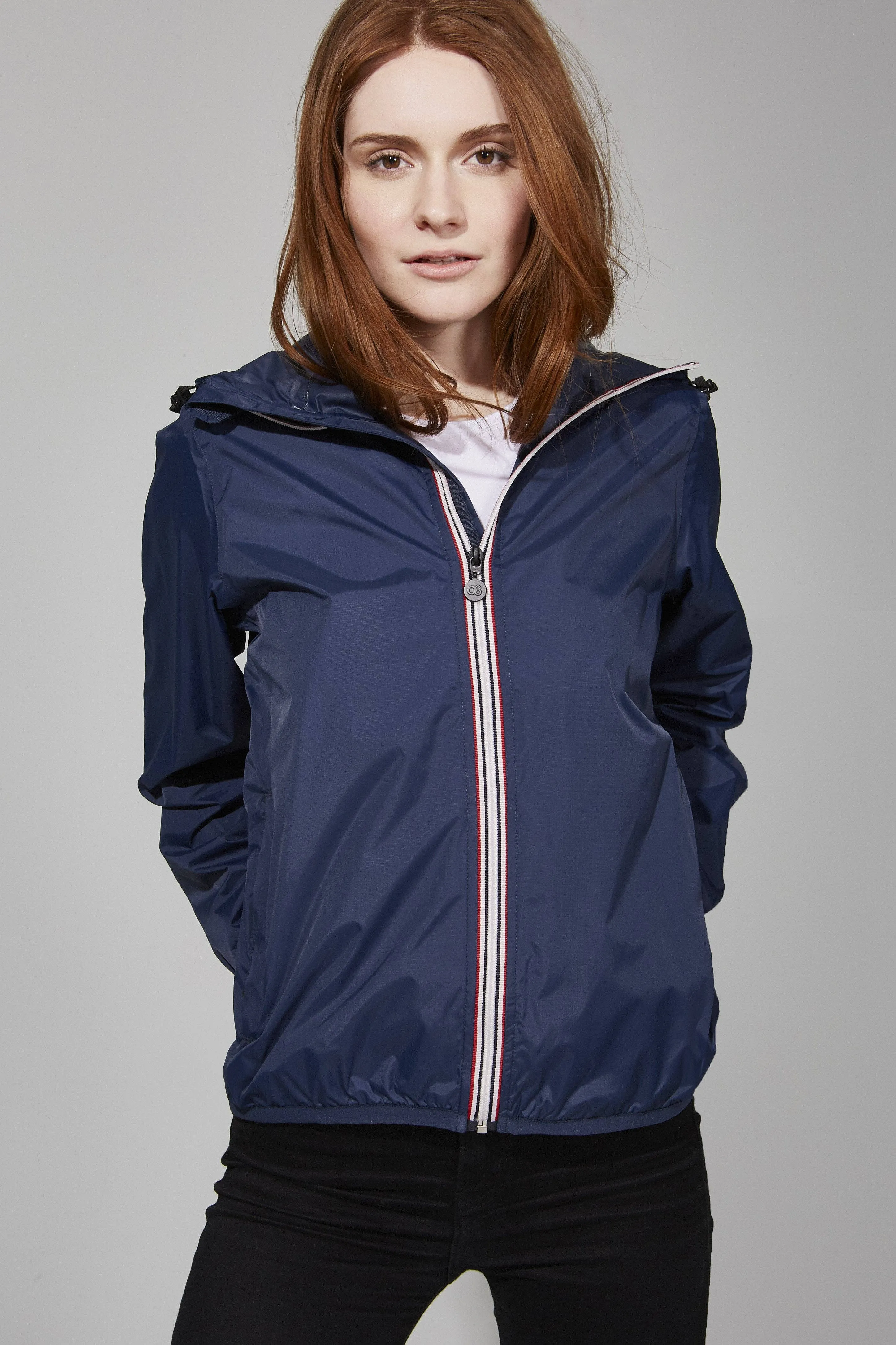 Women's Navy Full Zip Packable Rain Jacket and Windbreaker